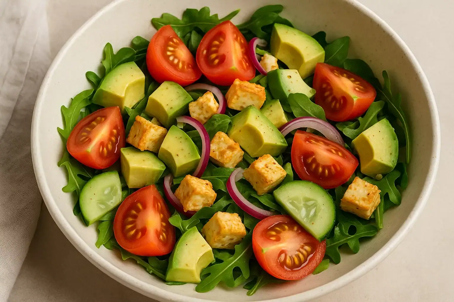 Świeża, kolorowa sałatka z sezonowych warzyw, idealna na lunch lub kolację.