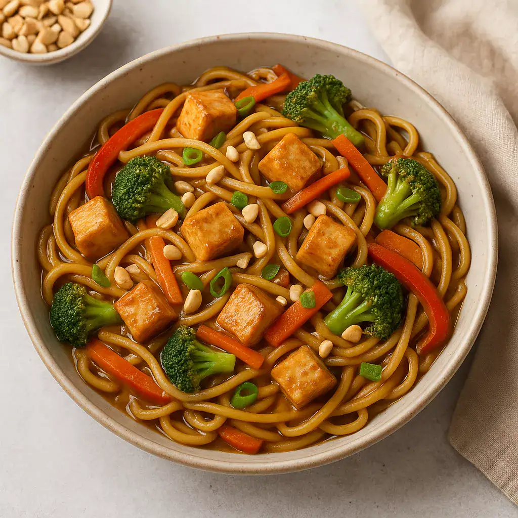 2. Zdjęcie wegańskiego dania z makaronem, tofu, brokułami i marchewką na talerzu.