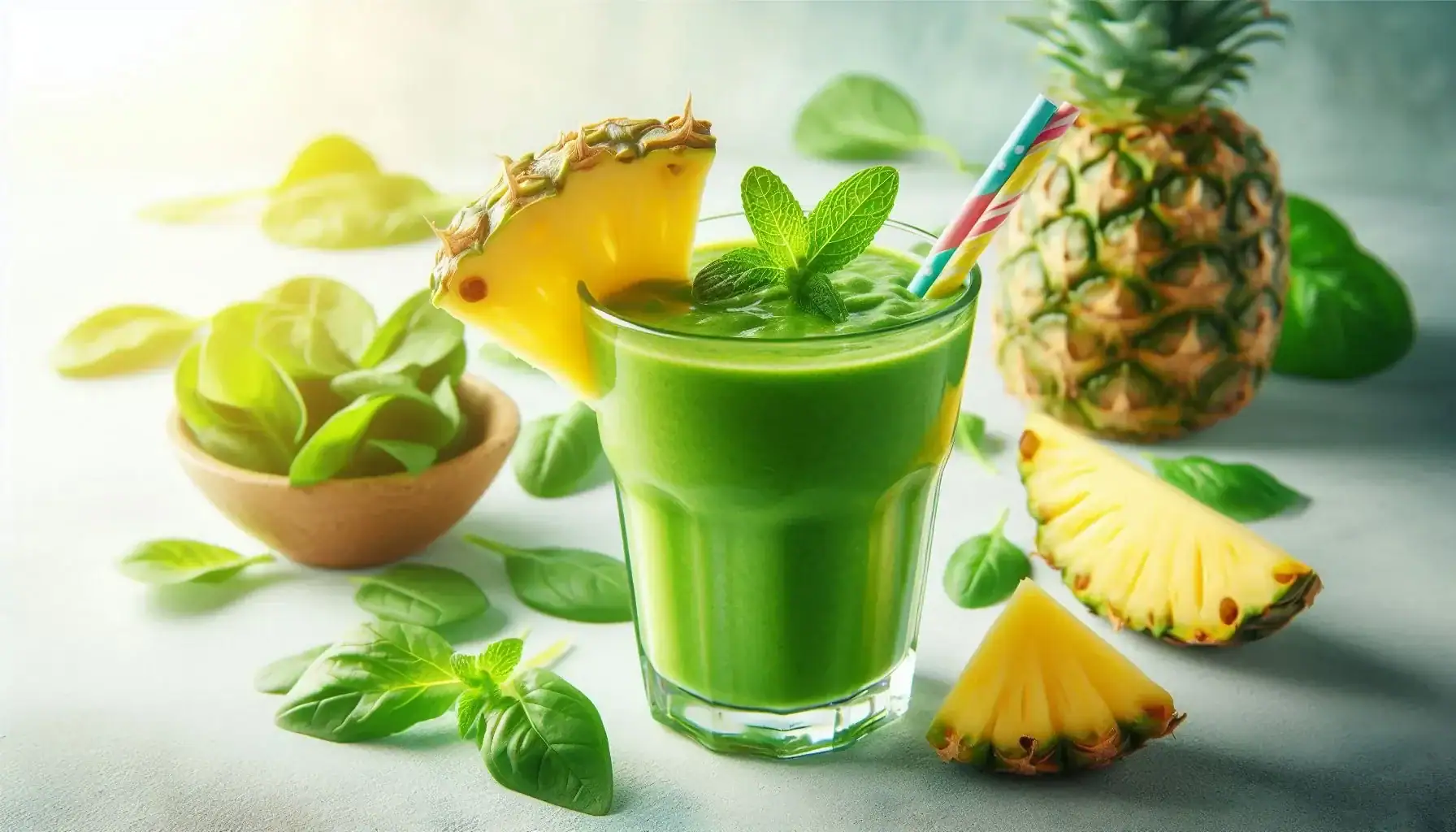 Alt tekst: Prosty wegański smoothie z ananasem i miętą, idealny na sezonowe, roślinne posiłki.