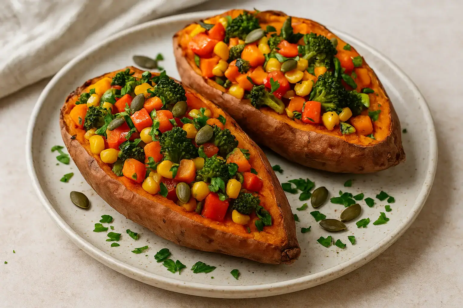 Zdjanie przedstawia nadziane pieczone bataty z warzywami, idealne na sezonowe, roślinne posiłki.