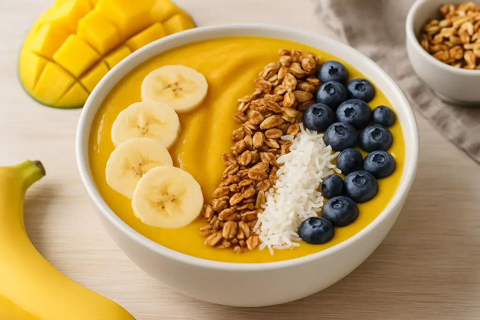 Smoothie bowl z sezonowymi owocami, orzechami i płatkami kokosowymi.