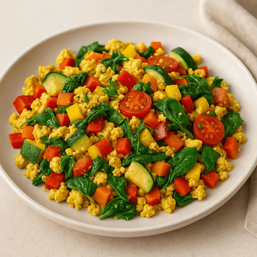 Obraz pełen kolorowych warzyw, tofu i świeżych ziół, idealny na wiosenne i letnie dni.