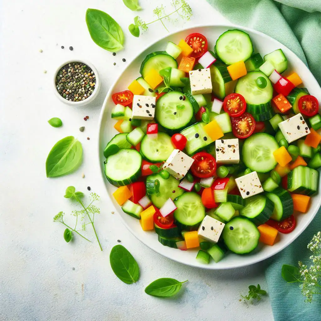 Świeża sałatka z sezonowych warzyw i tofu, idealna na lato i wiosnę.