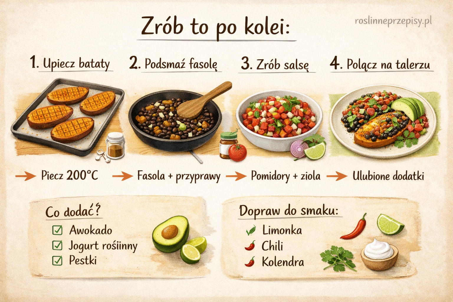 Pieczone bataty z czarną fasolą i salsą pomidorową – sycący roślinny obiad z piekarnika — FAU_IMAGE2