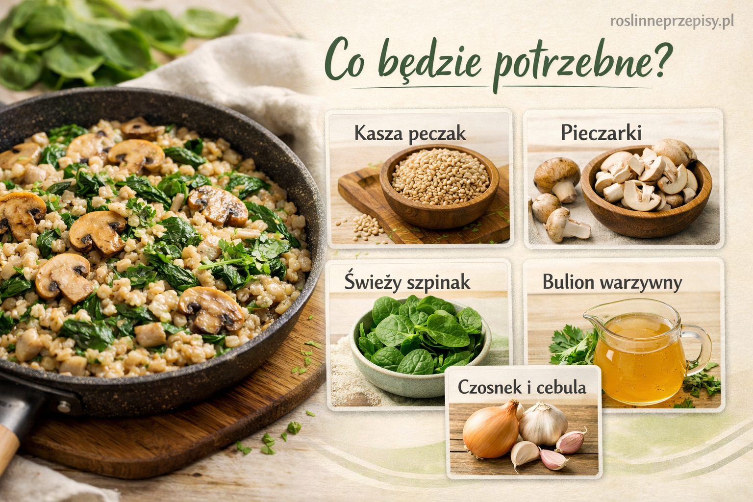 Kaszotto z pieczarkami i szpinakiem na prosty roślinny obiad — FAU_IMAGE1