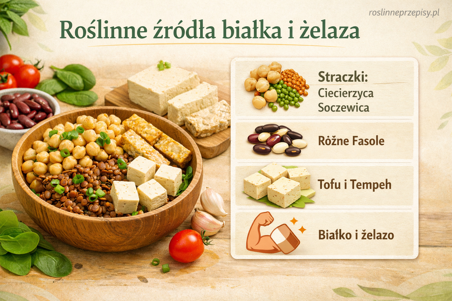 Najlepsze roślinne źródła białka i żelaza – ciecierzyca, soczewica, fasola, tofu i tempeh w diecie wegańskiej — FAU_IMAGE1