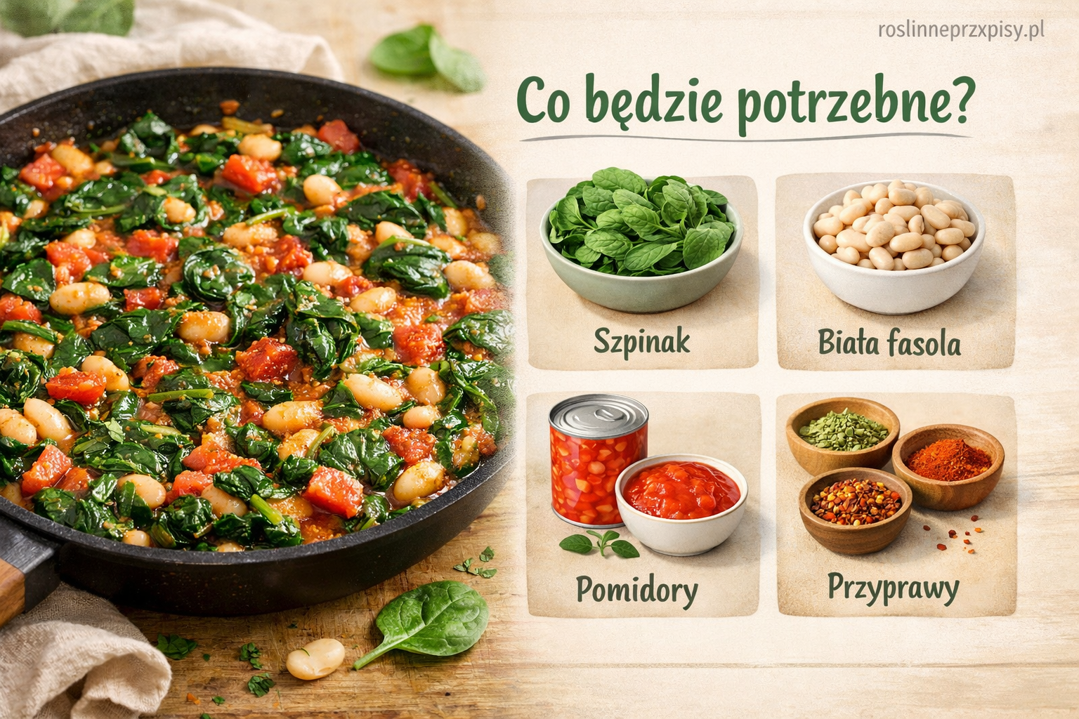 Szpinak duszony z białą fasolą i pomidorami – prosty roślinny obiad z patelni — FAU_IMAGE1