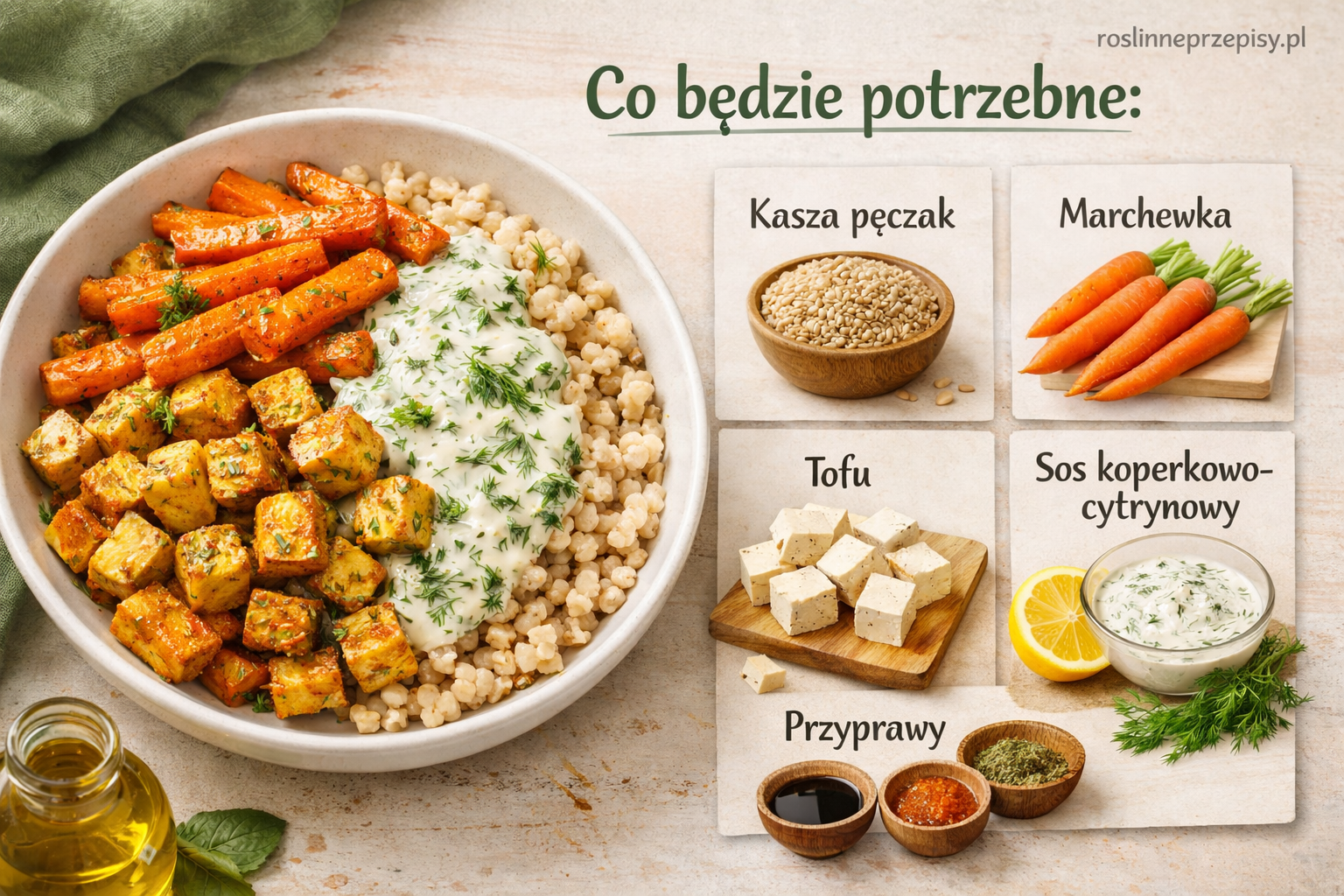 Pęczak z pieczoną marchewką i tofu w sosie koperkowo-cytrynowym na sycący roślinny obiad — FAU_IMAGE1