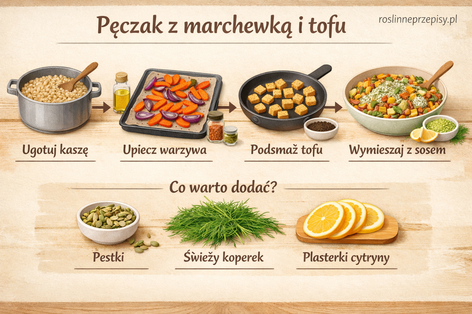 Pęczak z pieczoną marchewką i tofu w sosie koperkowo-cytrynowym na sycący roślinny obiad — FAU_IMAGE2