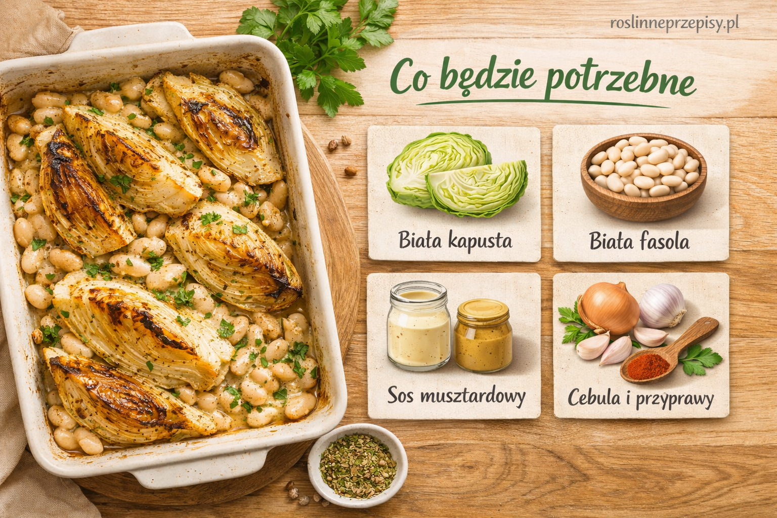 Pieczona kapusta z białą fasolą i sosem musztardowym – sycące danie z piekarnika — FAU_IMAGE1