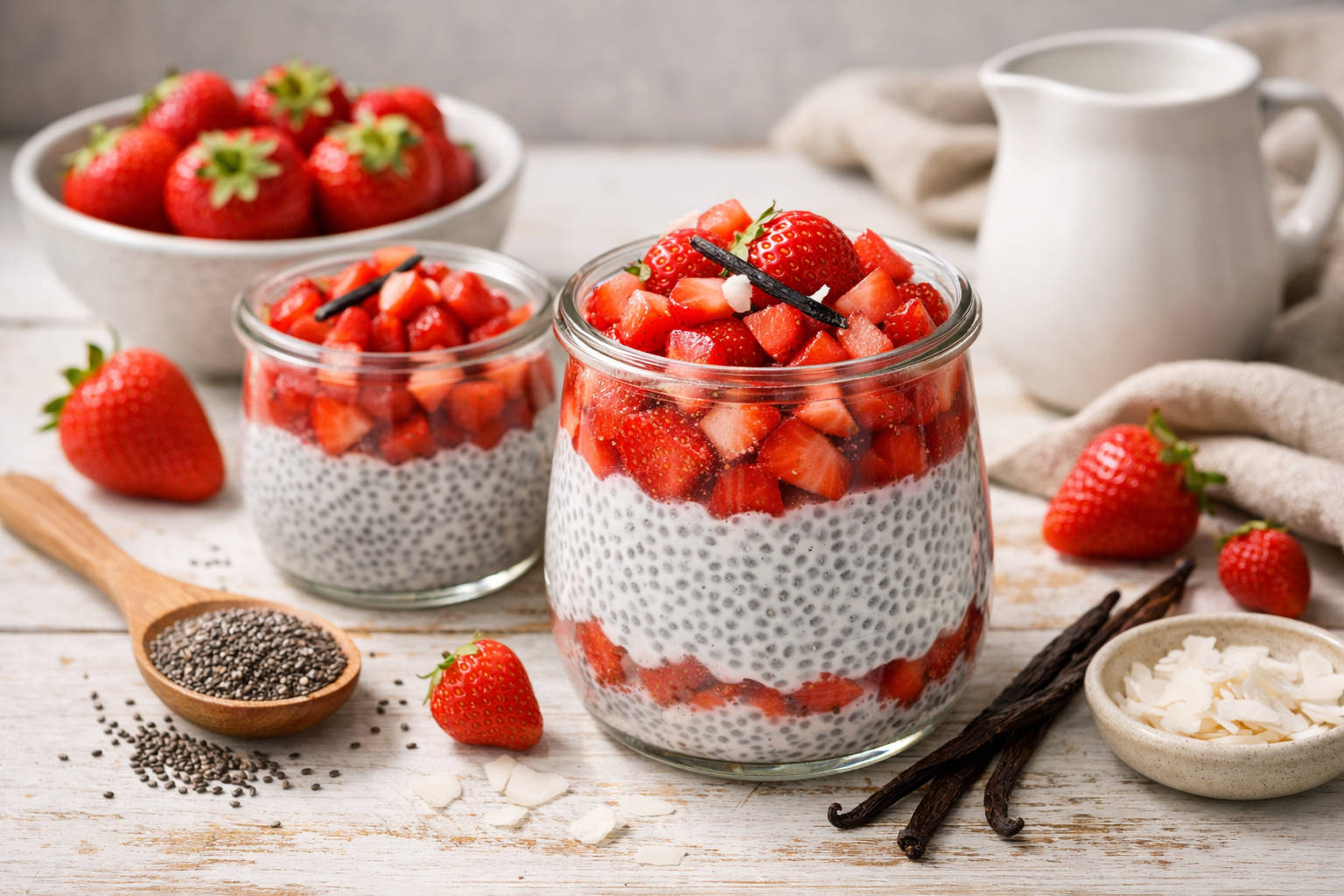 Pudding chia z truskawkami i wanilią w słoiczku z warstwą mus truskawkowego na wierzchu.