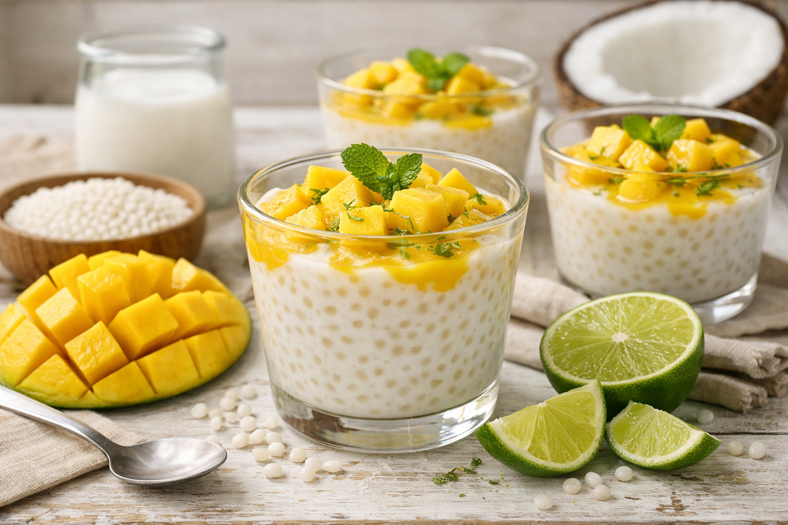 Pucharek z kremowym puddingiem z tapioki w mleku kokosowym, zwieńczony kostką mango i startą skórką z limonki.