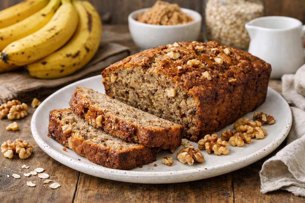 Kawałek wegańskiego ciasta bananowego z orzechami na talerzu, ze widać wilgotny środek i chrupiące fragmenty orzechów.