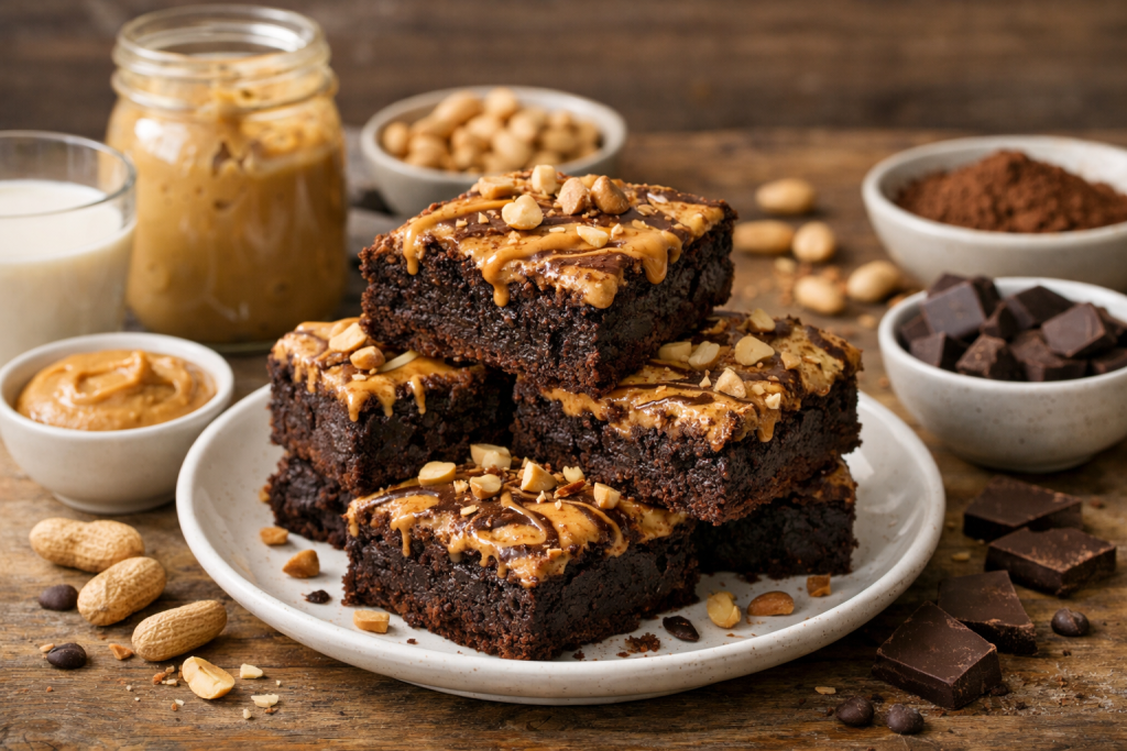 Kwadrat kawałka wegańskiego brownie z masłem orzechowym z widocznymi wirami na przekroju i delikatnie błyszczącym kakaowym wierzchem.