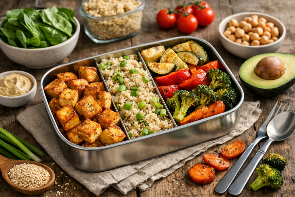 Lunchbox z tofu, komosą ryżową, pieczonymi warzywami i sosem cytrynowo-tahini w osobnym pojemniczku.