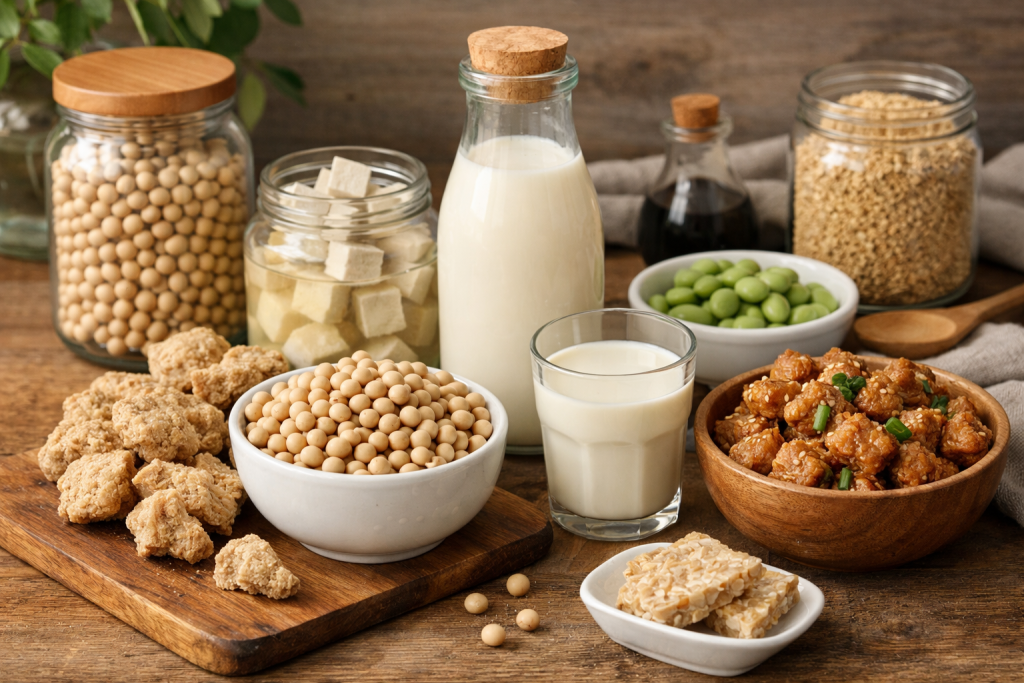 Na jasnym talerzu leży pieczone tofu w kostce z sosem na bazie soi i świeżymi ziołami oraz warzywami sezonowymi.