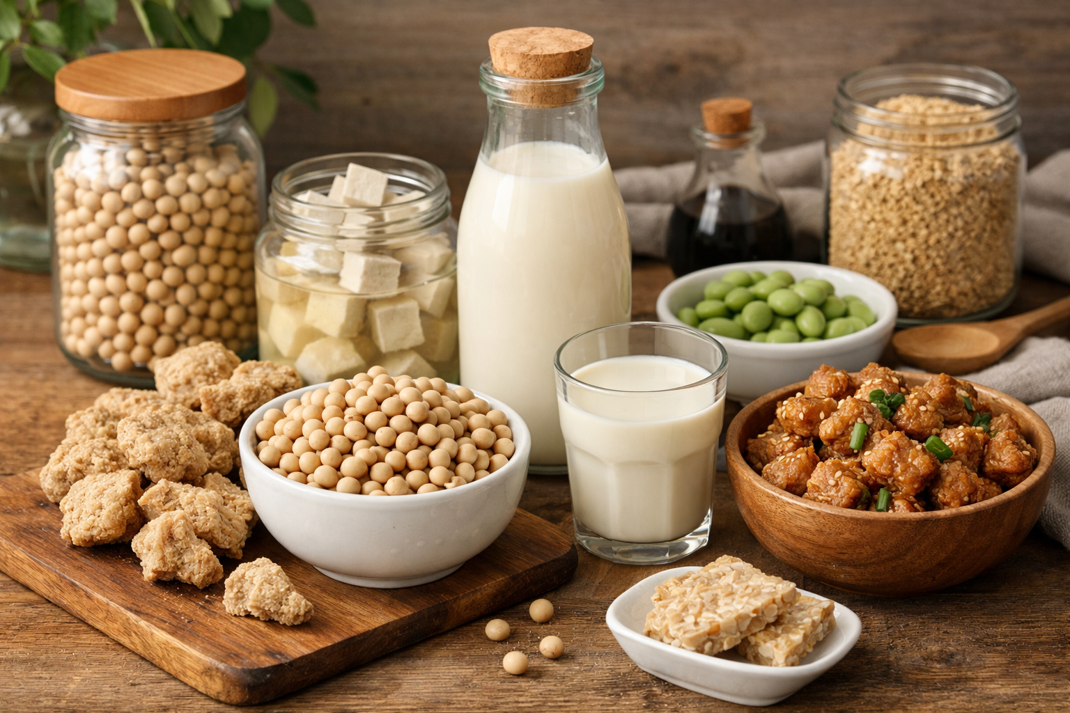Na jasnym talerzu leży pieczone tofu w kostce z sosem na bazie soi i świeżymi ziołami oraz warzywami sezonowymi.