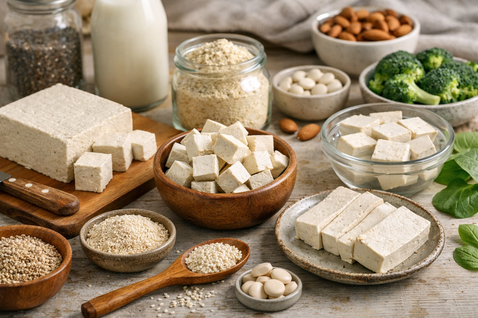 Kostki tofu wapń z dodatkiem brokułów i marchewki na jasnym talerzu z sosem na bazie tahini.